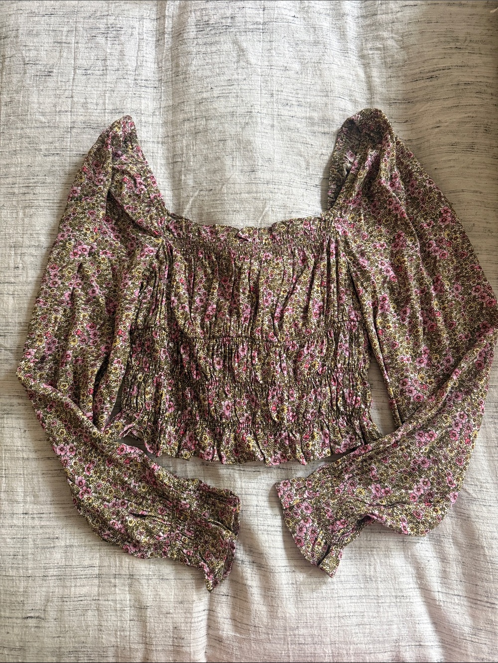 H&M Smocked Floral Long-Sleeve Crop Top - Pink/Green